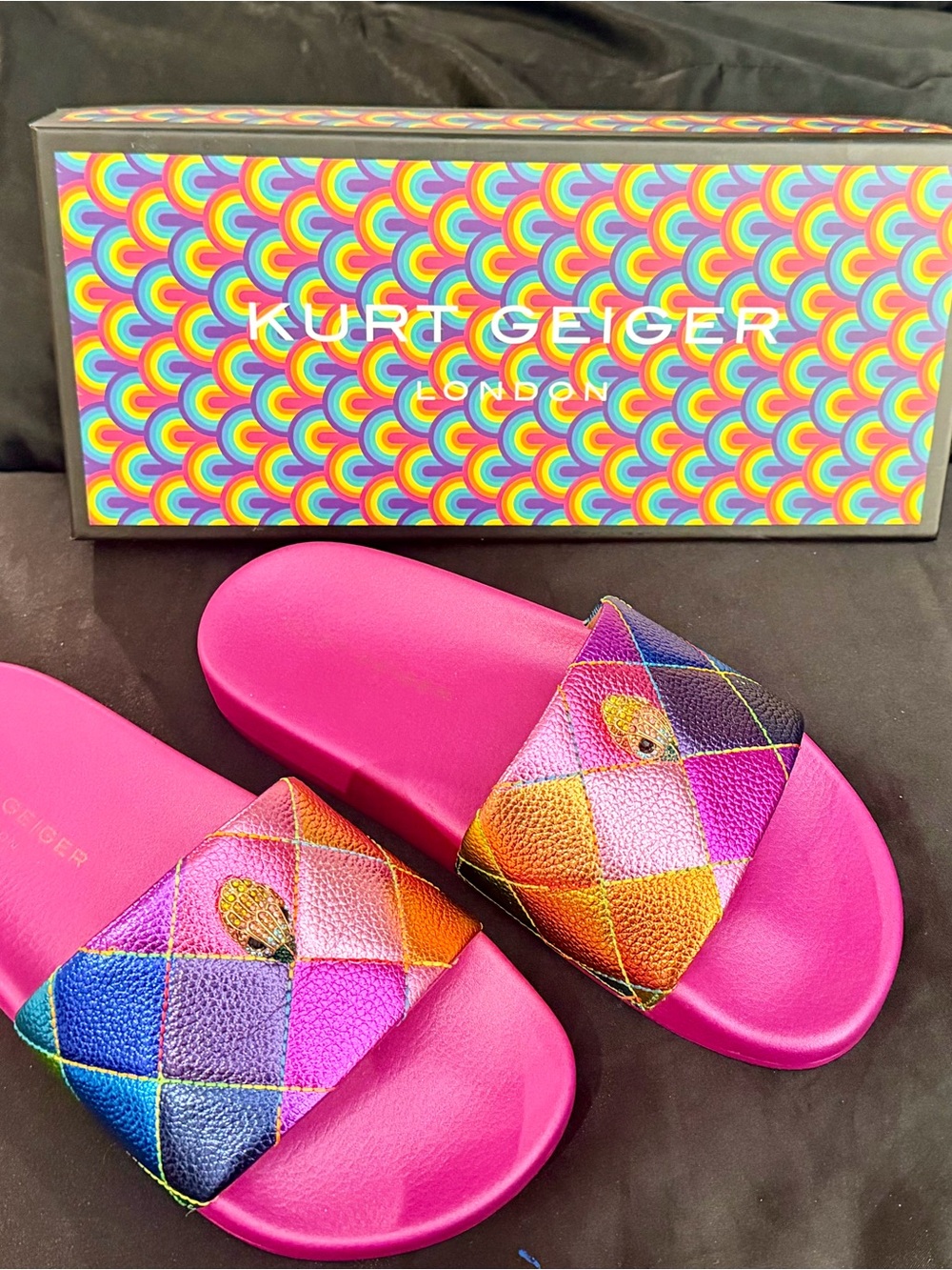 Kurt Geiger Slide Sandals with M Diamond Strap. NWT in Box. Size 7